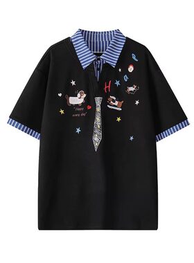 美式学院风假两件涂鸦半袖POLO衫男女夏季潮牌宽松大码情侣体恤衫