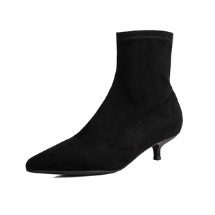 黑色尖头细跟小跟短靴女3公分cm2025新款春秋单靴瘦瘦靴低跟磨砂