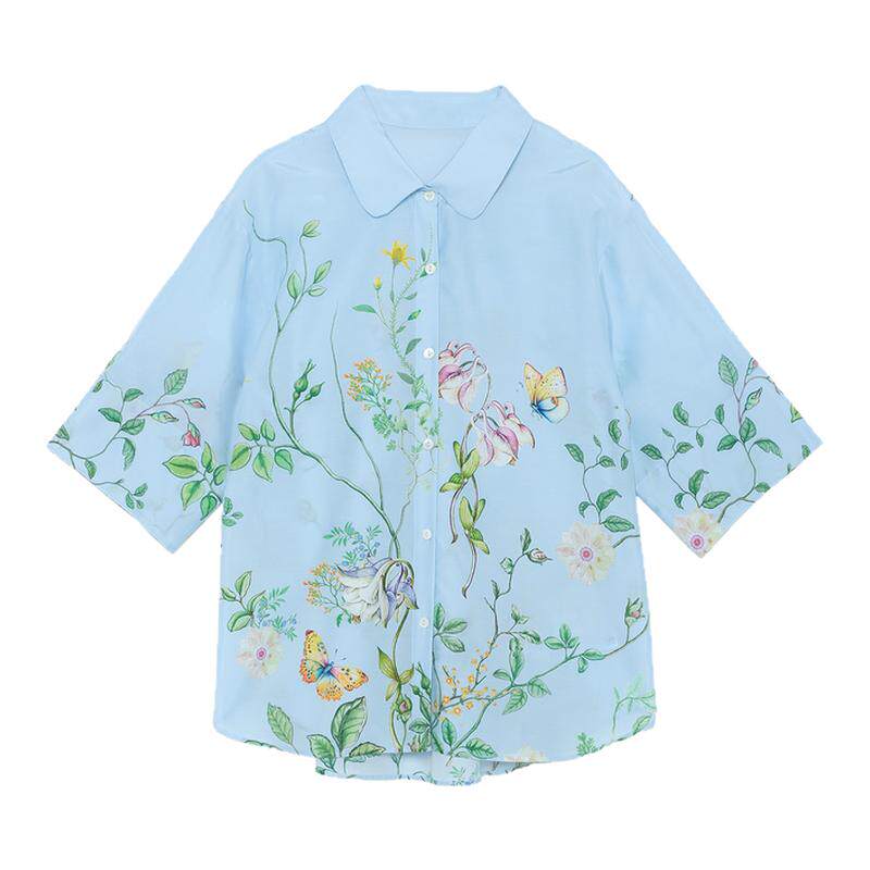 安莉芳睡衣轻薄透气夏季桑蚕丝中袖宽松翻领女家居服上衣EL01215