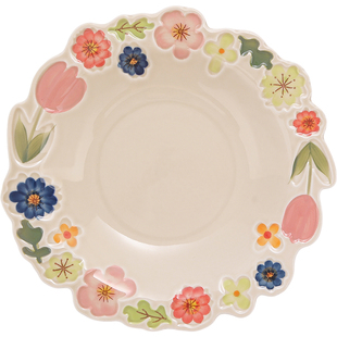 手绘釉下彩花卉餐盘沙拉水果盘甜品盘陶瓷漂亮餐具浮雕盘子高级感