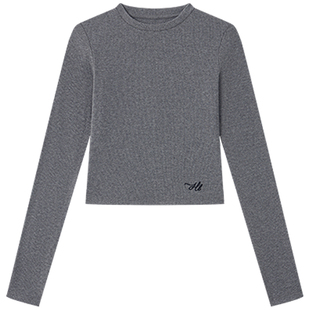 Halo Luu 灰色长袖t恤女秋季新款小众正肩修身设计感打底衫短上衣