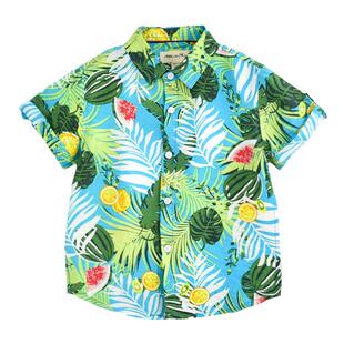 MIMY新款2023夏款短袖男童花衬衫薄款炸街海边沙滩度假印花衬衣潮