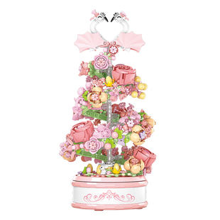 儿童益智力拼装旋转音乐盒积木花模型天鹅组装玩具女孩子拼图礼物