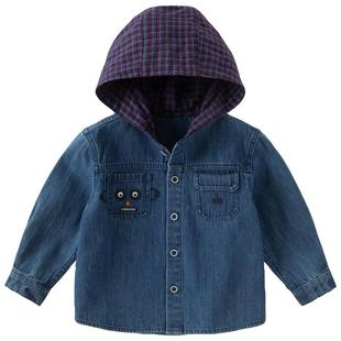 戴维贝拉男童衬衫儿童纯棉连帽衬衣2026春装新款宝宝牛仔外套上衣