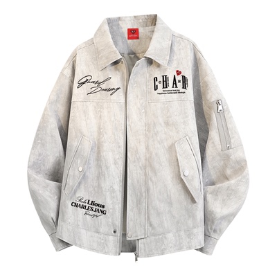 查尔斯桃心 美式高街扎染翻领夹克男女字母印花宽松休闲情侣外套