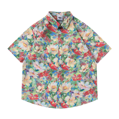 TRAVEL ISLAND 朦胧生花 复古花朵植物艺术感油画涂鸦短袖花衬衫
