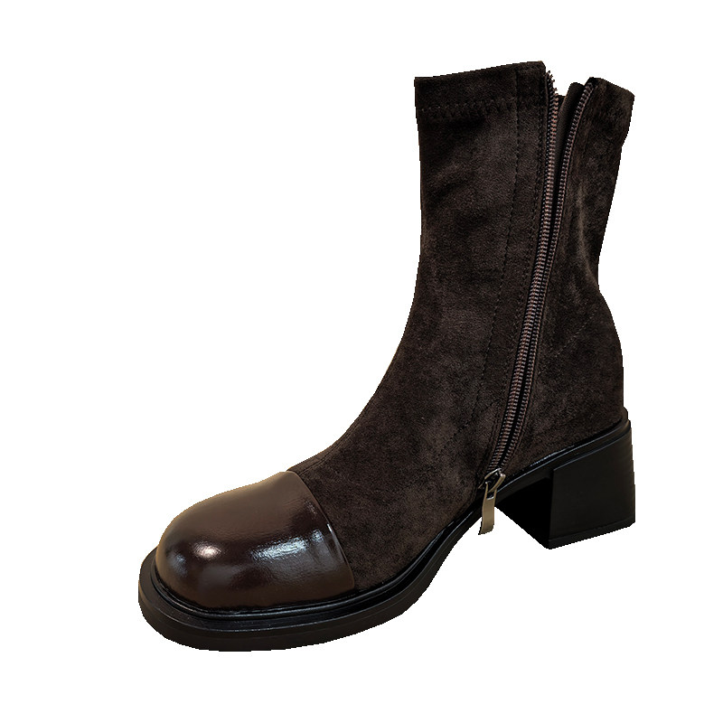 韩版黑色圆头中跟短靴女大码显瘦