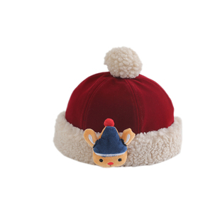 新年红色喜庆儿童帽子冬季保暖加厚地主帽男女宝宝周岁毛绒瓜皮帽
