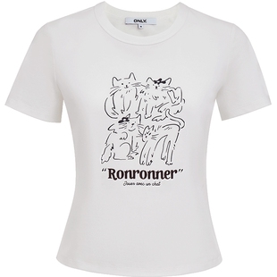 【宠物派对】ONLY2026春季新款线条猫咪印花经典包边短袖上衣T恤