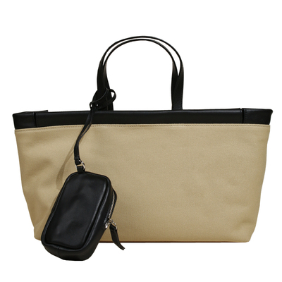 EZRO真皮拼帆布撞色手提托特包