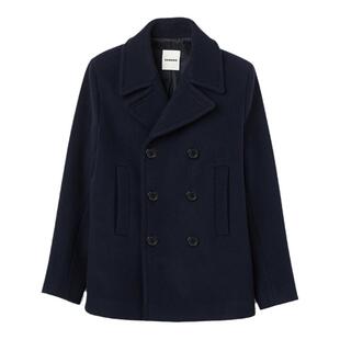 SANDRO秋冬男装法式气质混纺深蓝色双排扣宽松直筒毛呢大衣外套