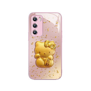 适用金箔HelloKitty手机壳华为pura70新款mate80pro凯蒂猫nova14小众高级感荣耀400/300女款60/50玻璃13/12/9