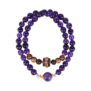 天然乌拉圭紫水晶手链双圈叠戴手串沉香木招财转运男女款九紫离火