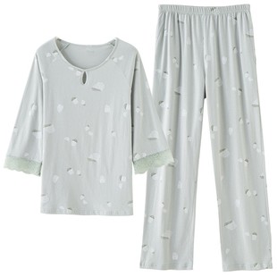 顶呱呱睡衣女蕾丝七分袖长裤圆领套头甜美青年家居服春夏季顶瓜瓜