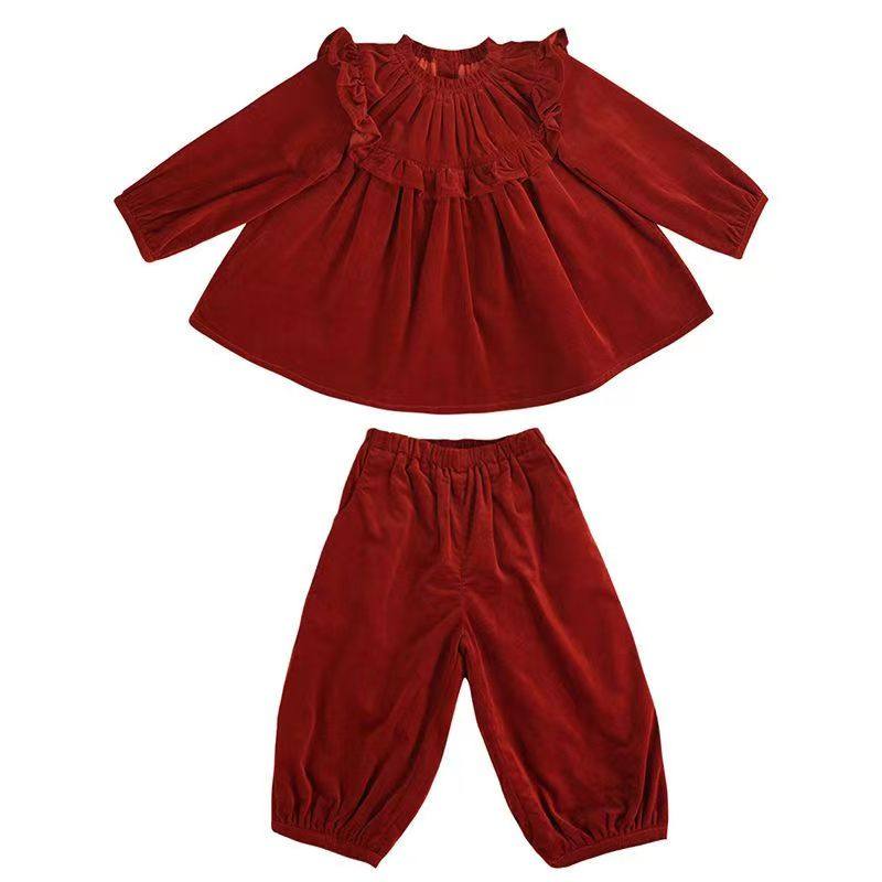 新款女童童装复古酒红色灯芯绒套装宝宝公主风撒欢秋冬春儿童衣服