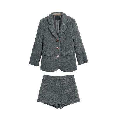 辰米范 伦敦艺术生 复古灰色宽松羊毛西装外套女a字毛呢裙裤套装