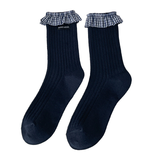 不会丢的袜子 miu风花边中筒袜女春夏季蝴蝶结芭蕾风藏青色堆堆袜