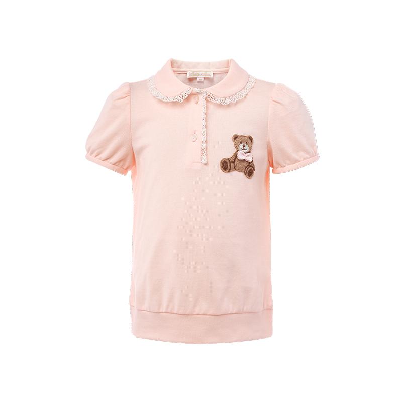 nicholasbears2023新品女童蕾丝娃娃领短袖粉色T恤夏季小熊刺绣
