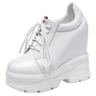 14cm内增高女鞋百搭松糕春秋单鞋超高跟真皮厚底休闲小白鞋