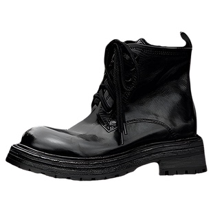 2025新款复古擦色粗跟系带马丁靴水洗马皮侧拉链英伦风平跟短靴女