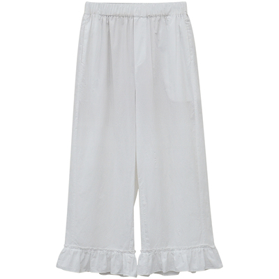 白色全棉荷叶边休闲裤女松紧腰