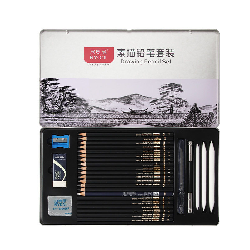 尼奥尼正品速描套装初学者素描铅笔学生美术用品手绘铁盒笔帘套转