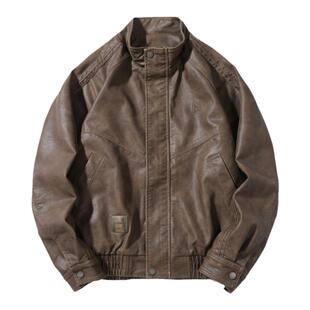 美式复古PU皮衣男宽松潮牌大码立领夹克上衣男士春秋防风机车外套