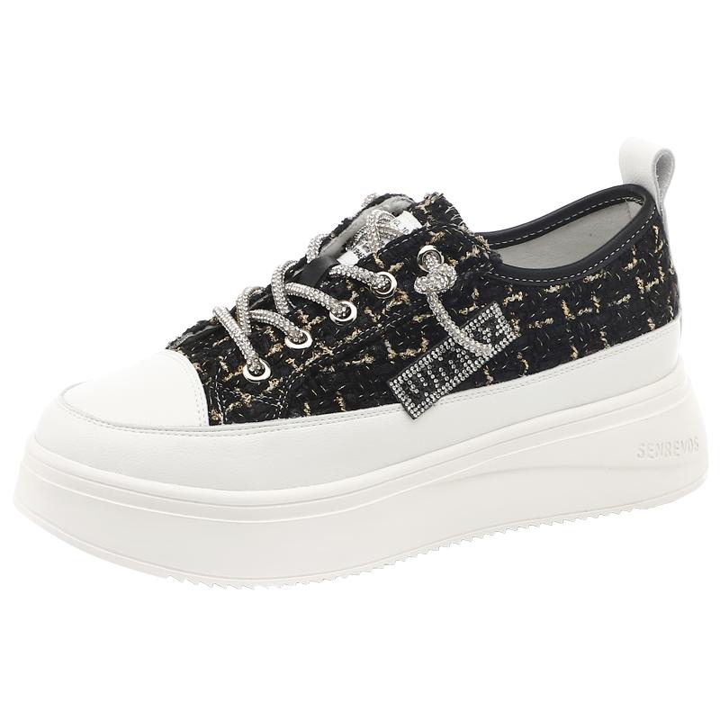 松糕底女鞋2025春季新款厚底小白鞋百搭小香风休闲鞋水钻真皮单鞋