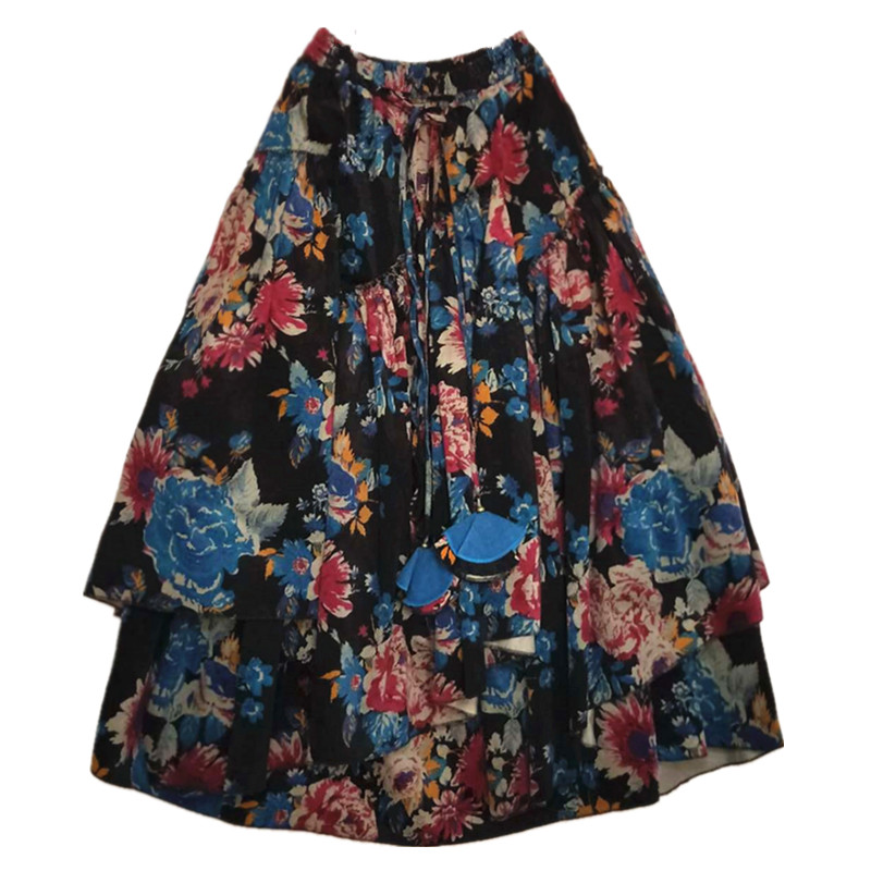 满亭芳素心自制民族风半身裙中长秋冬加厚平绒印花大摆裙女装包邮