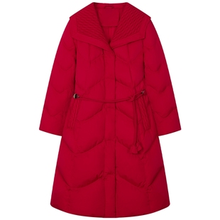 曼德诗中长款羽绒服2025冬季新款时尚编织大翻领纯色收腰保暖外套