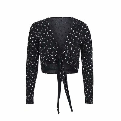 0性感V领碎花胸前交叉长袖T恤