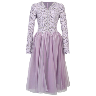 紫色连衣裙女春季v领法式海边度假特别漂亮的收腰a字裙子生日礼服