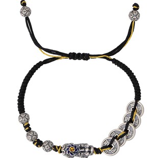 中国黄金央创纯银招财貔貅手链男款足银五帝钱手串生日礼物送男友