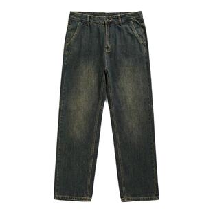 复古水洗牛仔裤男直筒秋冬日系潮牌拼接宽松长裤阔腿加绒休闲裤子