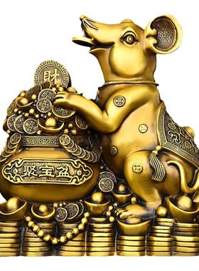 铜老鼠摆件纯黄铜金钱鼠聚宝盆鼠