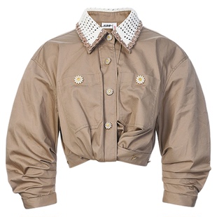 lefame拉飞姆2026春季卡其毛织撞领装饰衬衫上衣