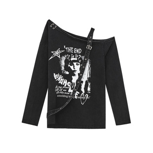 YUKAHOUSE 亚文化露肩长袖T恤朋克y2k千禧风辣妹不规则上衣女春款