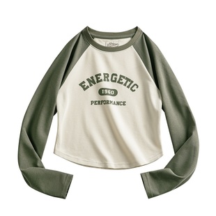 马登美式复古插肩长袖绿色修身短款T恤学院棒球打底内搭上衣秋女