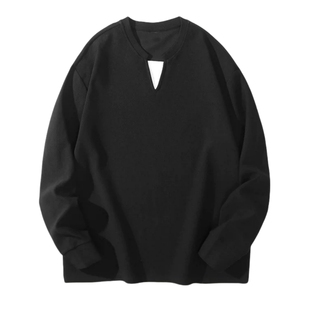 YUXIAN日系小毛圈V型棉混纺肌理感叠片假两件长袖T恤休闲卫衣男士