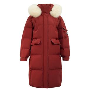 雪中飞冬新款狐狸毛领红色中长款过膝加厚时尚派克羽绒服女