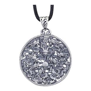 s999足银九龙戏珠吊坠男女生纯银龙头项链复古星座银首饰时尚礼物