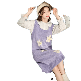 唐狮紫色背带裙冬季女装连衣裙秋冬款小个子针织毛衣马甲裙背心裙