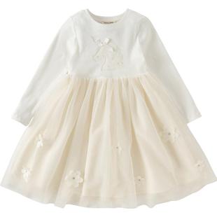 戴维贝拉女童连衣裙儿童公主裙纱裙女孩长袖白色裙子新款网纱童装