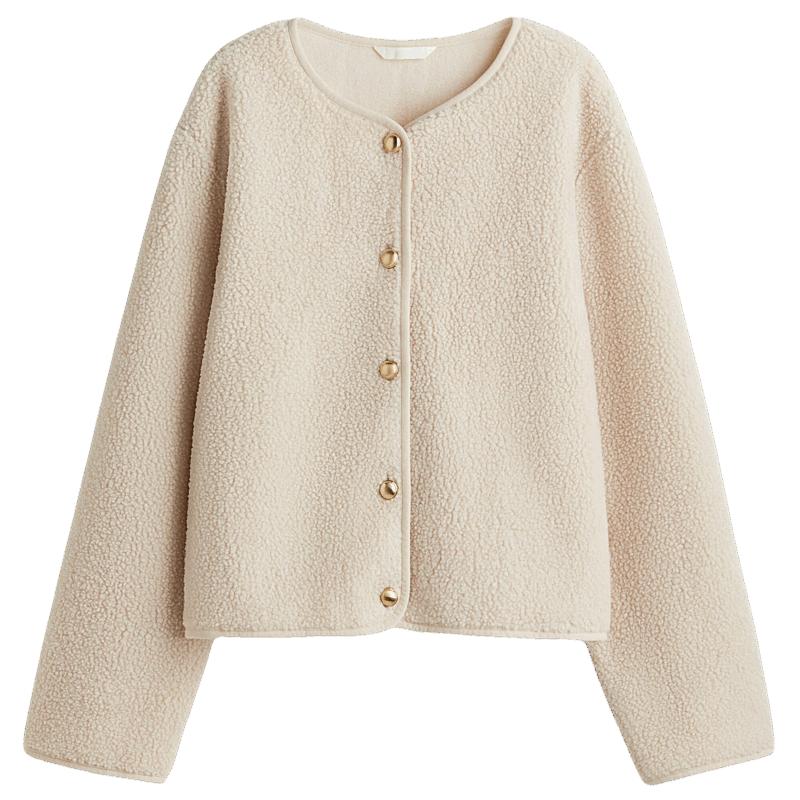 HM女装短外套2025年秋季新款泰迪绒圆领小香风气质外套1308700