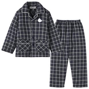 美标三层加厚夹棉纯棉睡衣套装男女童秋冬大童儿童全棉格子家居服