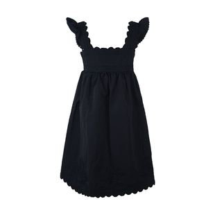 aaaaxbbb 奥利弗特区 手工绣小飞袖连衣裙黑色方领宽松A字裙短裙
