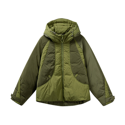 复古风连帽羽绒服男宽松撞色拼接短款户外休闲保暖外套2025绿色