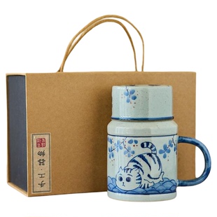 陶美集粗陶小暖壶手工可爱猫咪马克杯带盖一壶一杯青花手绘水杯女