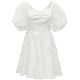 Vero Moda奥莱连衣裙夏季新款方领五分泡泡袖花朵收腰高级短裙子