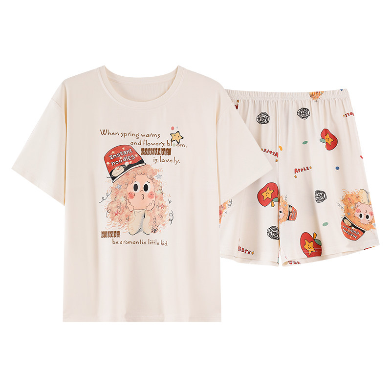 女士自带固定海绵胸垫套头圆领短袖短裤睡衣夏季卡通家居服套装薄